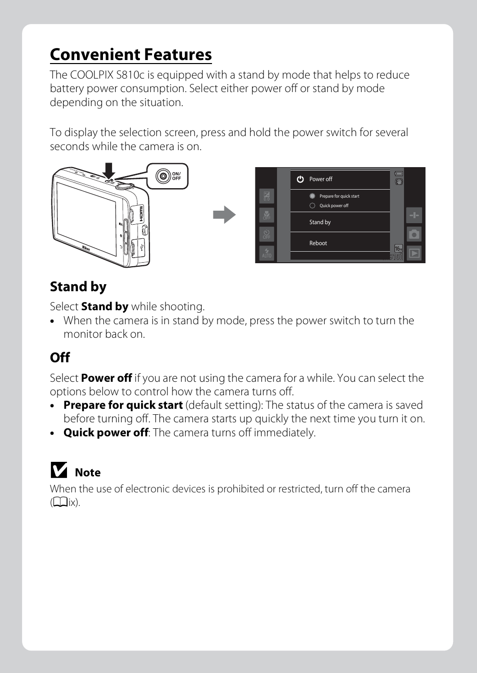 Convenient features, Stand by | Nikon S810c User Manual | Page 2 / 228