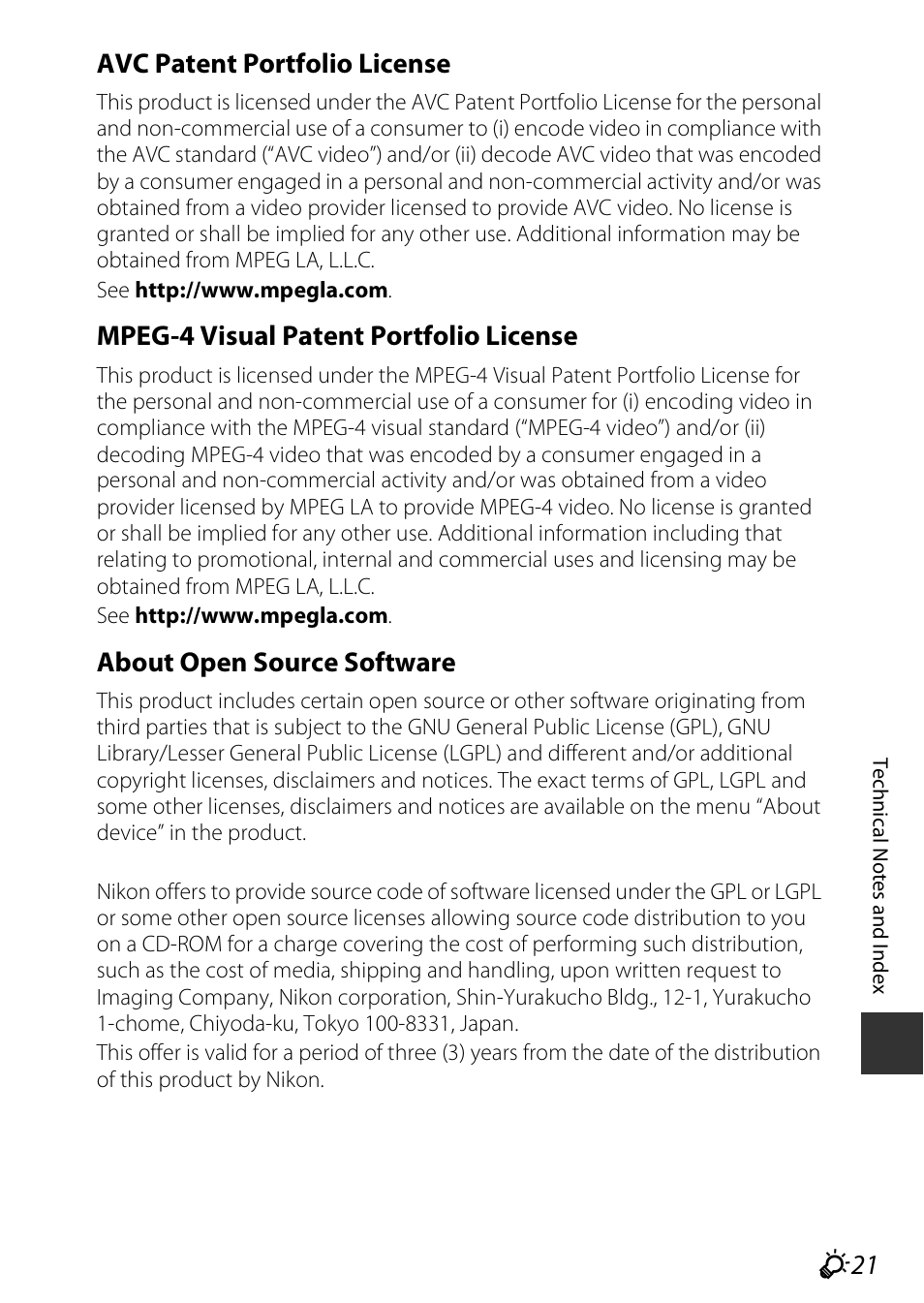 F21 avc patent portfolio license, Mpeg-4 visual patent portfolio license, About open source software | Nikon S810c User Manual | Page 219 / 228
