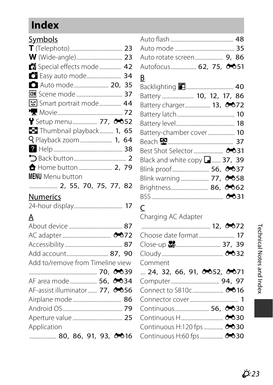 Index, F 23 | Nikon S810c User Manual | Page 221 / 228