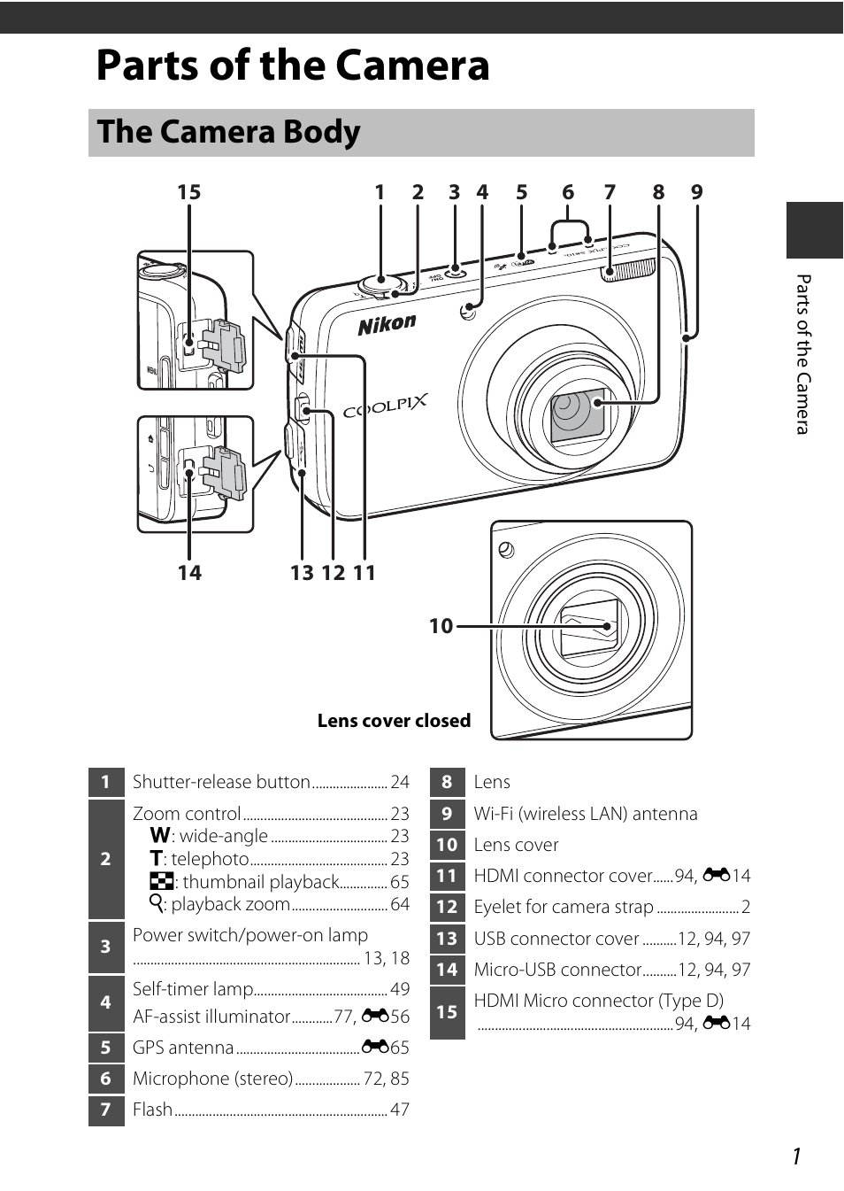 Parts of the camera, The camera body, E “parts of the camera | Nikon S810c User Manual | Page 27 / 228