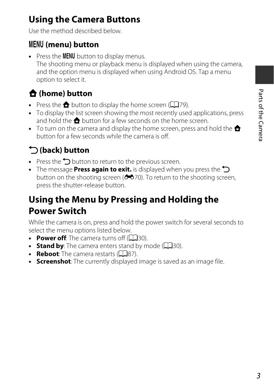 Using the camera buttons, D (menu) button, W (home) button | V (back) button | Nikon S810c User Manual | Page 29 / 228