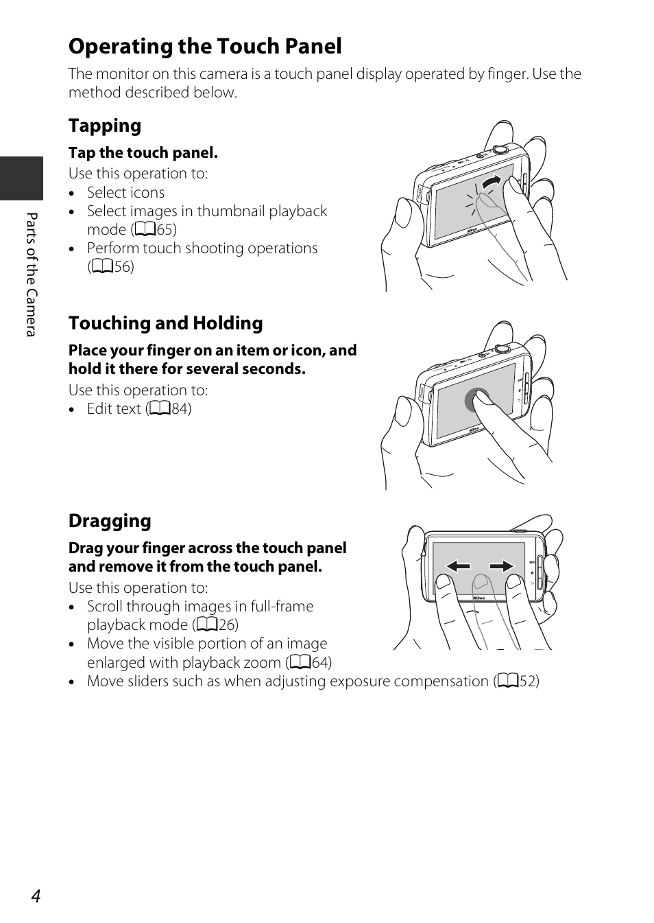 Operating the touch panel, Tapping, Touching and holding | Dragging | Nikon S810c User Manual | Page 30 / 228