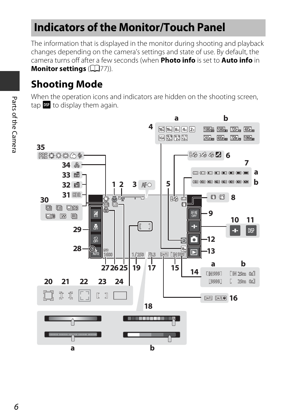 Indicators of the monitor/touch panel, Shooting mode | Nikon S810c User Manual | Page 32 / 228
