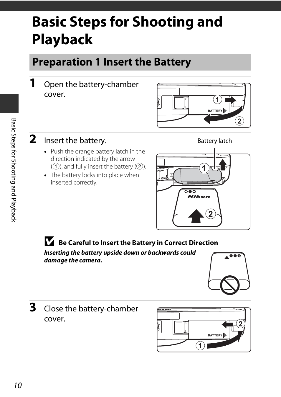 Basic steps for shooting and playback, Preparation 1 insert the battery, A10) | Nikon S810c User Manual | Page 36 / 228