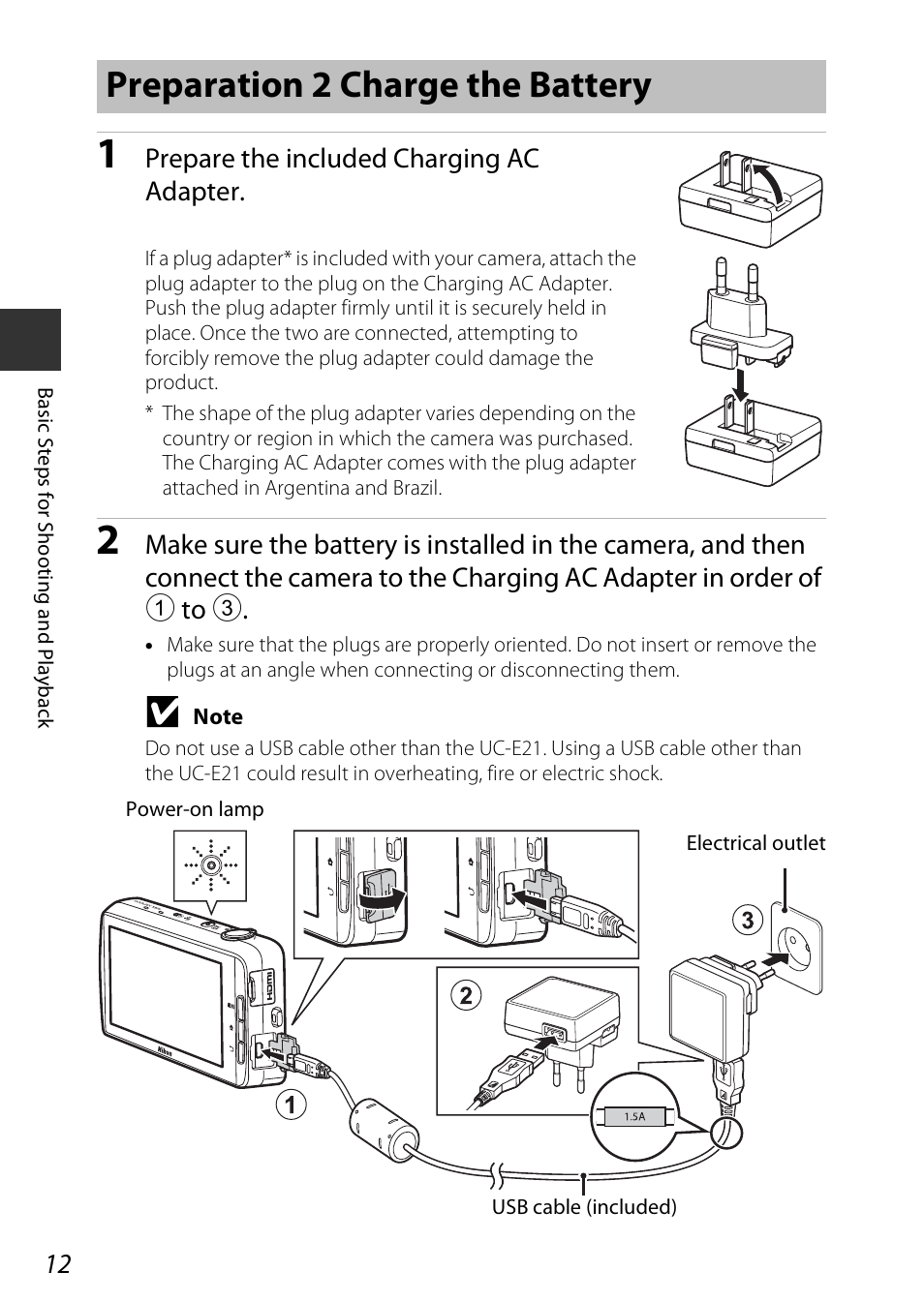 Preparation 2 charge the battery, Prepare the included charging ac adapter | Nikon S810c User Manual | Page 38 / 228