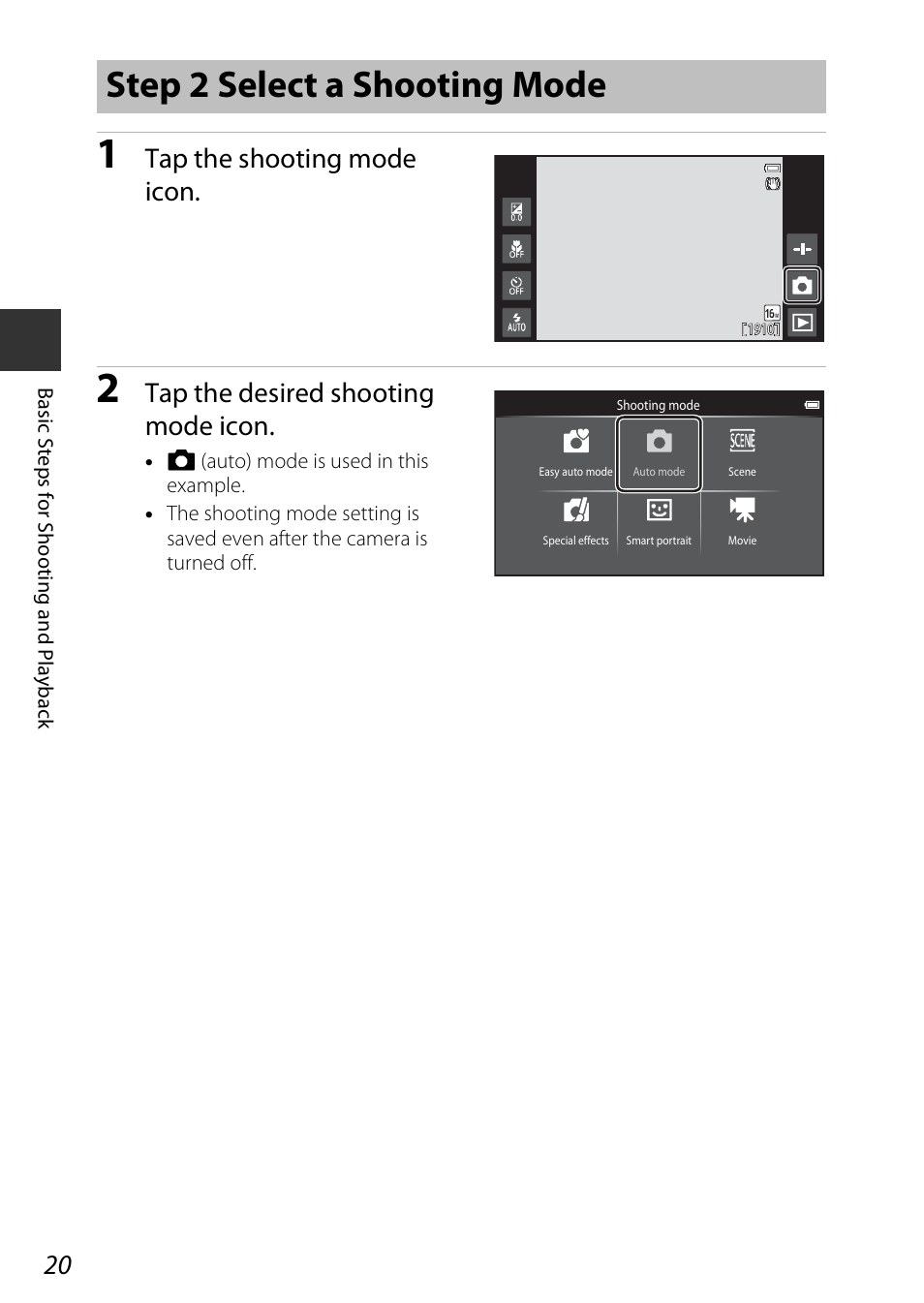 Step 2 select a shooting mode, Tap the shooting mode icon, Tap the desired shooting mode icon | Nikon S810c User Manual | Page 46 / 228