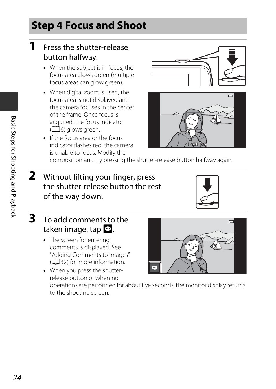 Step 4 focus and shoot, Press the shutter-release button halfway | Nikon S810c User Manual | Page 50 / 228