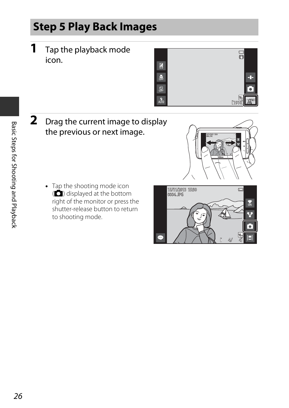 Step 5 play back images, A26), Tap the playback mode icon | Nikon S810c User Manual | Page 52 / 228