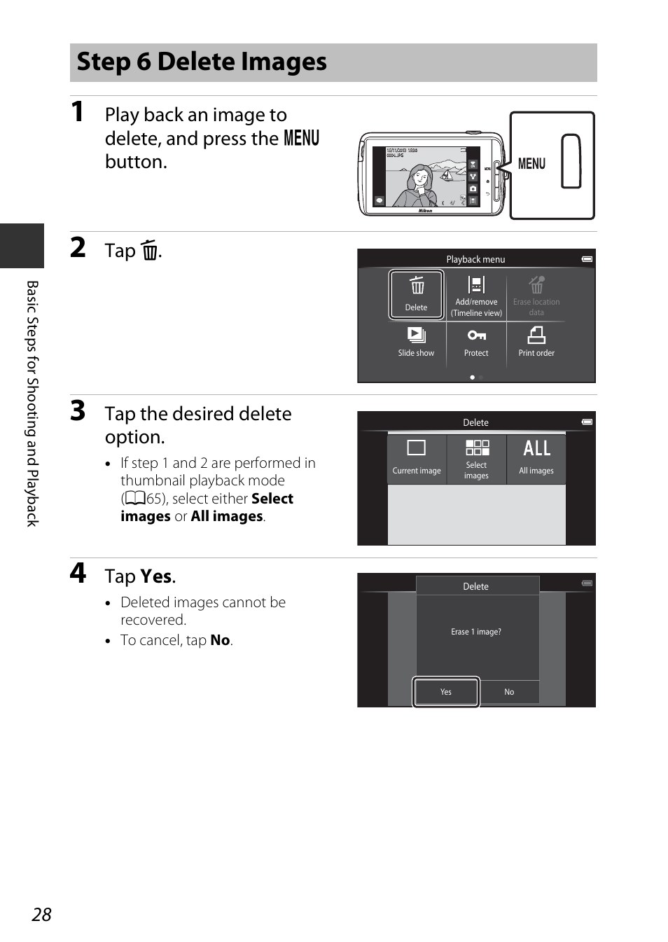 Step 6 delete images, Tap l, Tap the desired delete option | Tap yes | Nikon S810c User Manual | Page 54 / 228