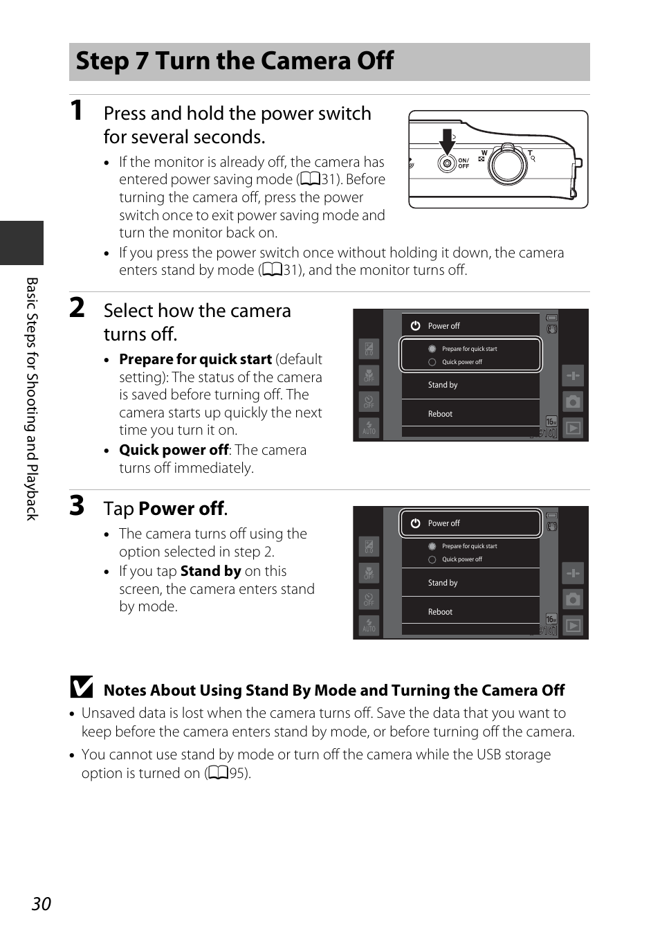 Step 7 turn the camera off, Ff (a30, E “step 7 turn the camera off | A30), Select how the camera turns off, Tap power off | Nikon S810c User Manual | Page 56 / 228