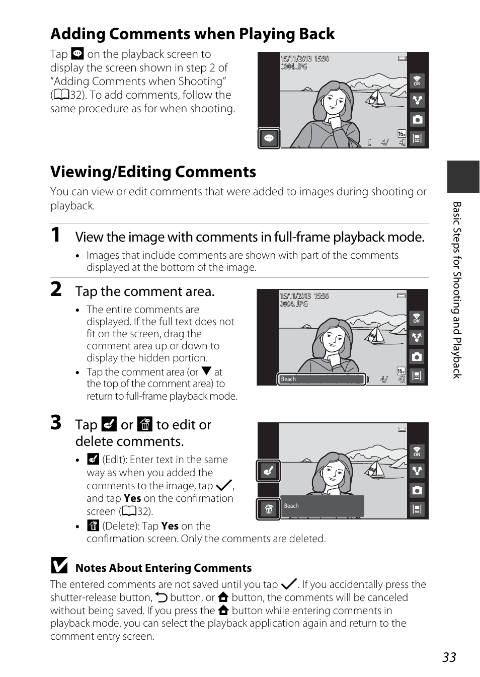 Adding comments when playing back, Viewing/editing comments, A33) | Tap the comment area, Tap i or j to edit or delete comments | Nikon S810c User Manual | Page 59 / 228