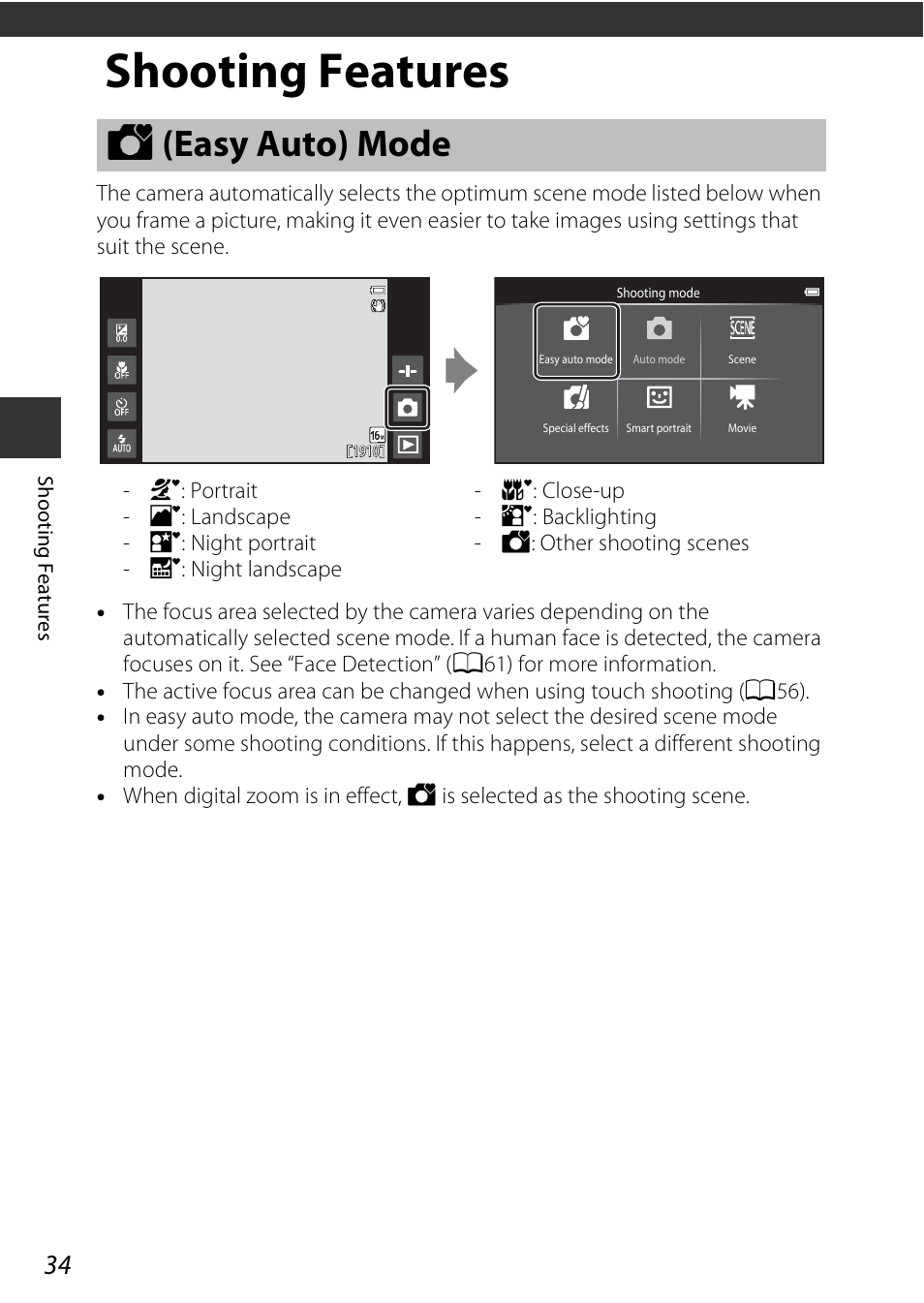 Shooting features, Easy auto mode, G (easy auto) mode | Nikon S810c User Manual | Page 60 / 228