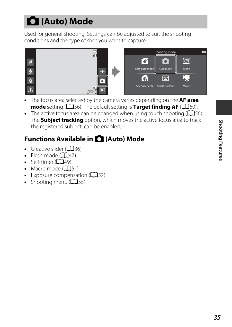 Auto mode, A (auto) mode, Functions available in a (auto) mode | Nikon S810c User Manual | Page 61 / 228