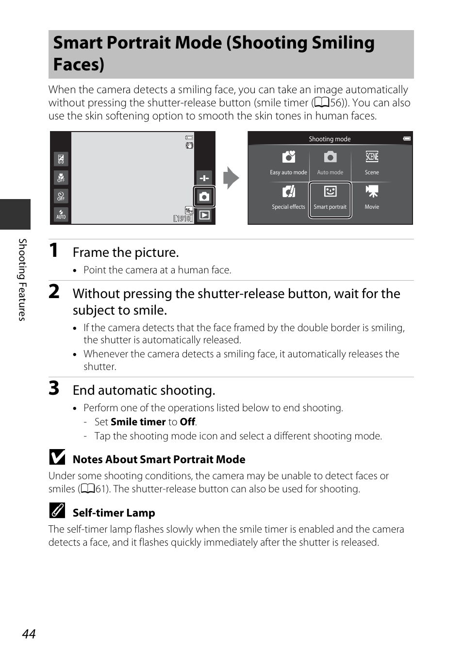 Smart portrait mode (shooting smiling faces), Frame the picture, End automatic shooting | Nikon S810c User Manual | Page 70 / 228