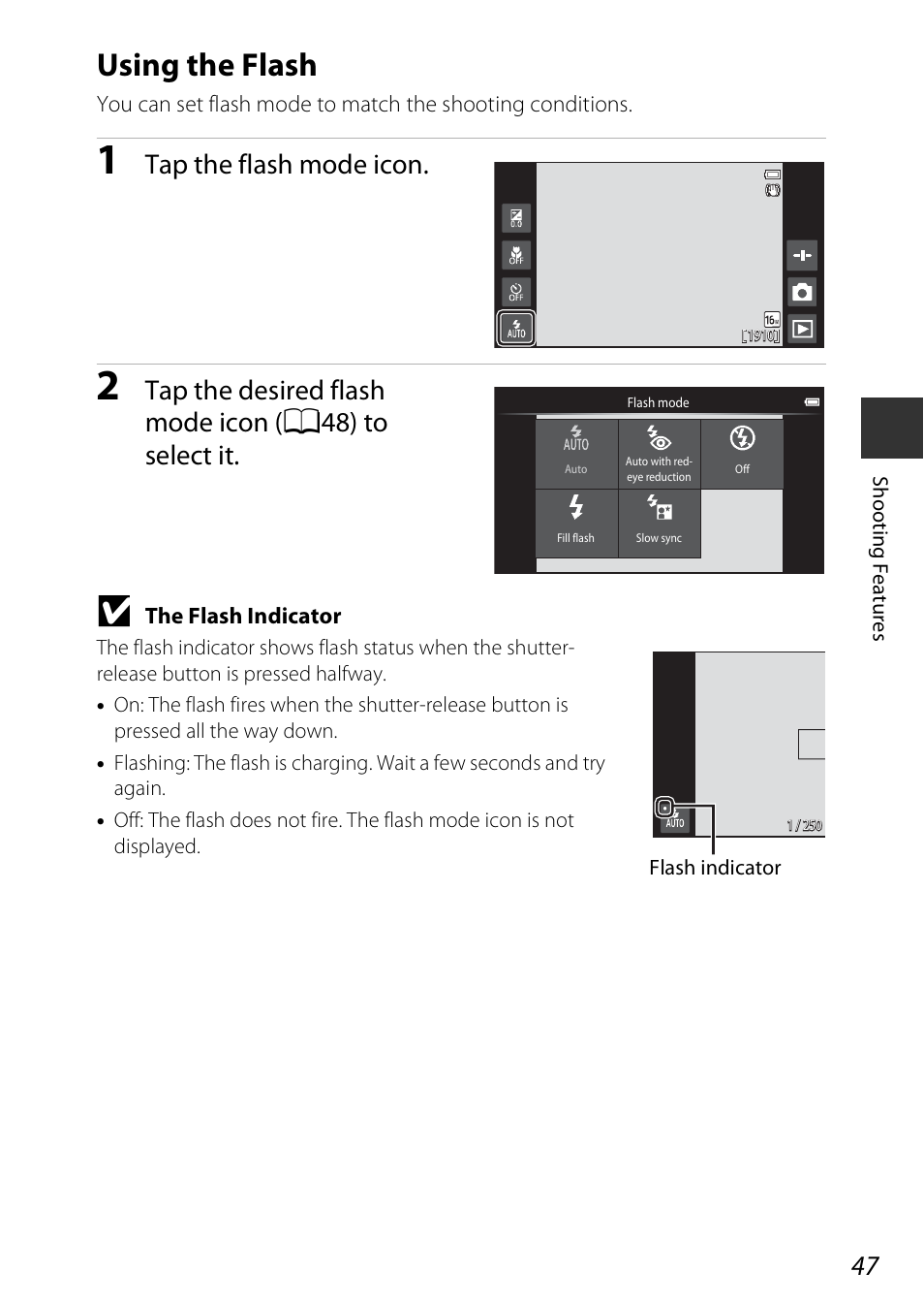 Using the flash, Tap the flash mode icon | Nikon S810c User Manual | Page 73 / 228