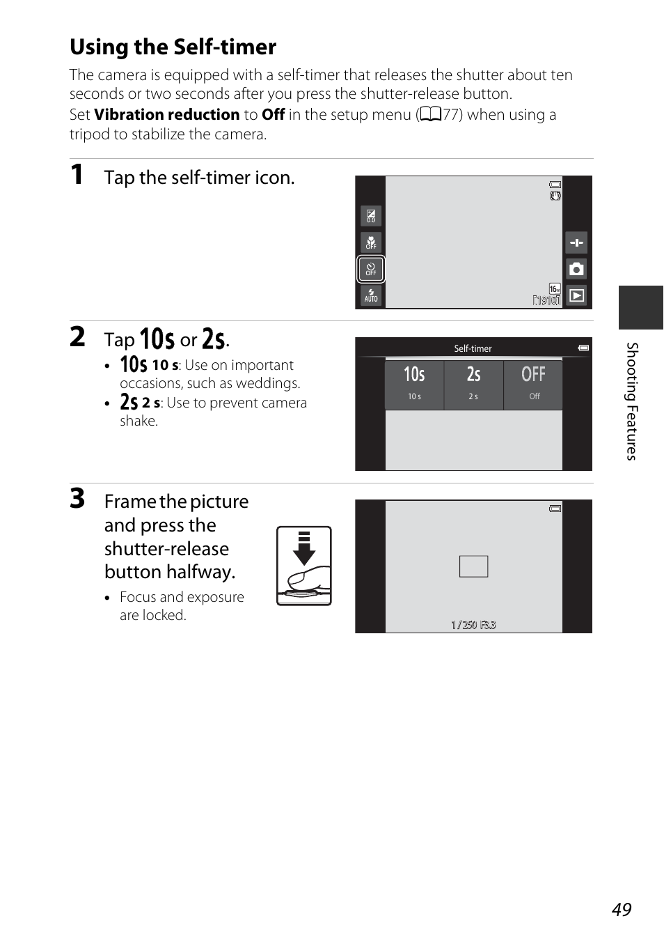 Using the self-timer, A49), Tap the self-timer icon | Tap y or z | Nikon S810c User Manual | Page 75 / 228