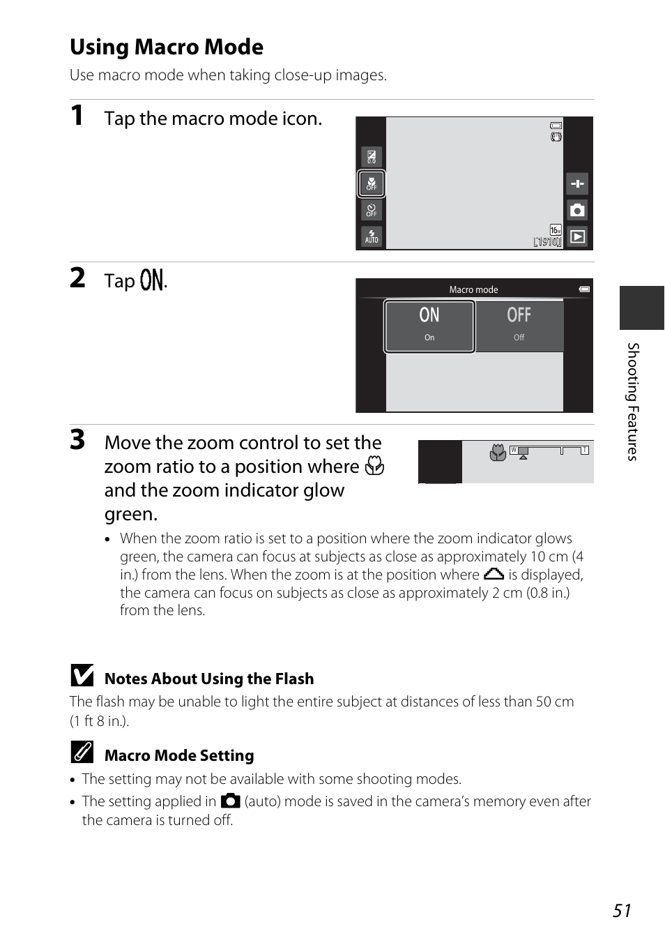 Using macro mode, A51), Tap the macro mode icon | Tap o | Nikon S810c User Manual | Page 77 / 228