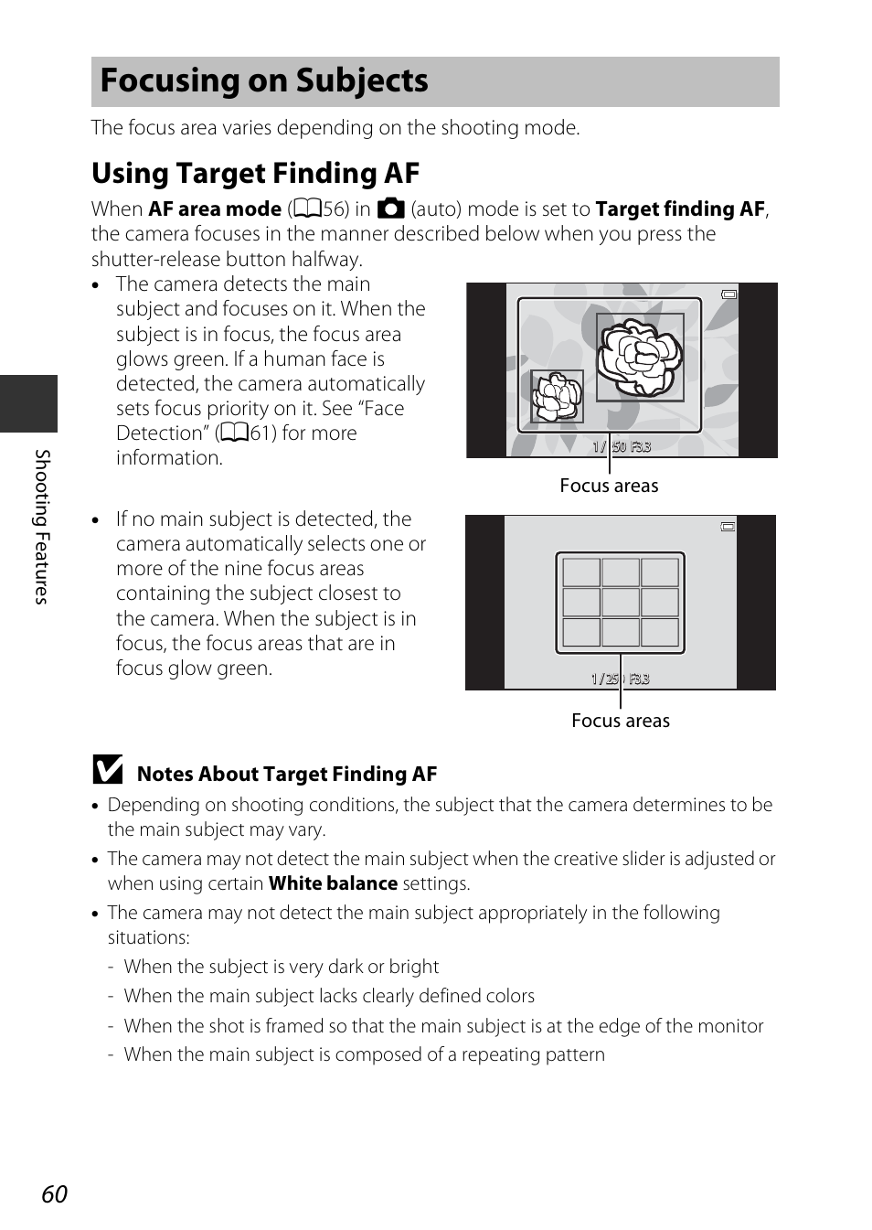 Focusing on subjects, Using target finding af, A60) | Nikon S810c User Manual | Page 86 / 228