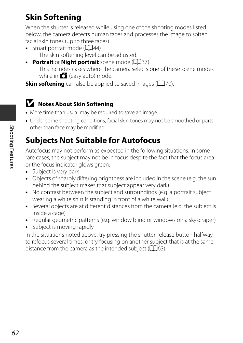 Skin softening, Subjects not suitable for autofocus, Skin softening subjects not suitable for autofocus | Nikon S810c User Manual | Page 88 / 228