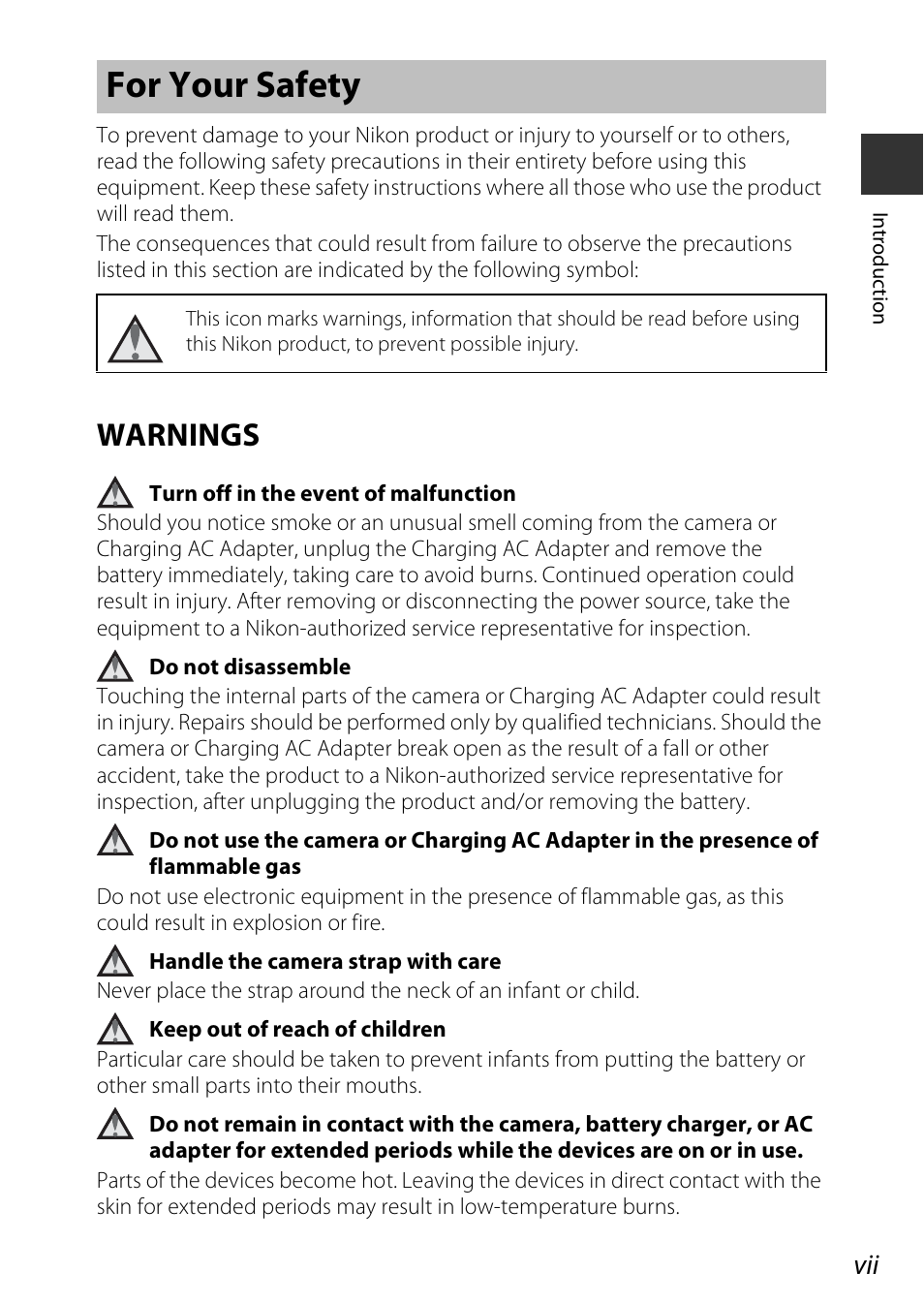 For your safety, Warnings | Nikon S810c User Manual | Page 9 / 228