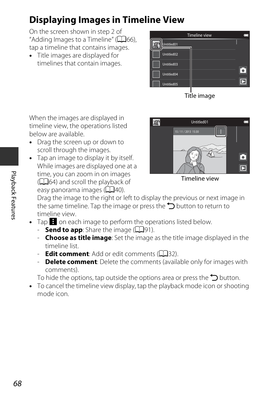 Displaying images in timeline view, A68). pre | Nikon S810c User Manual | Page 94 / 228
