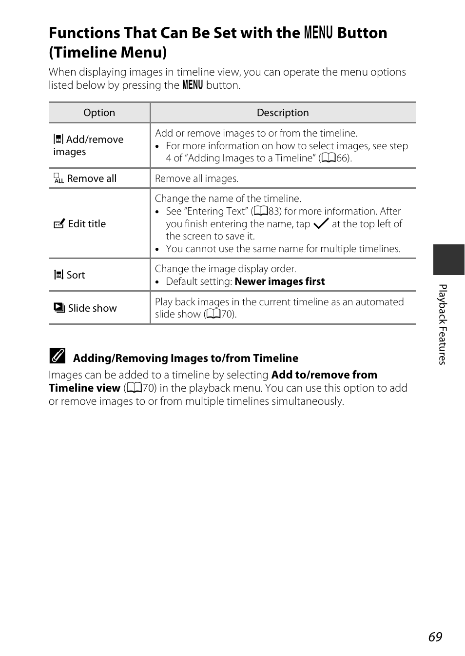 Functions that can be set with the, D button (timeline menu), A69) | Ne. see “g edit title, A69) for m, G edit title | Nikon S810c User Manual | Page 95 / 228