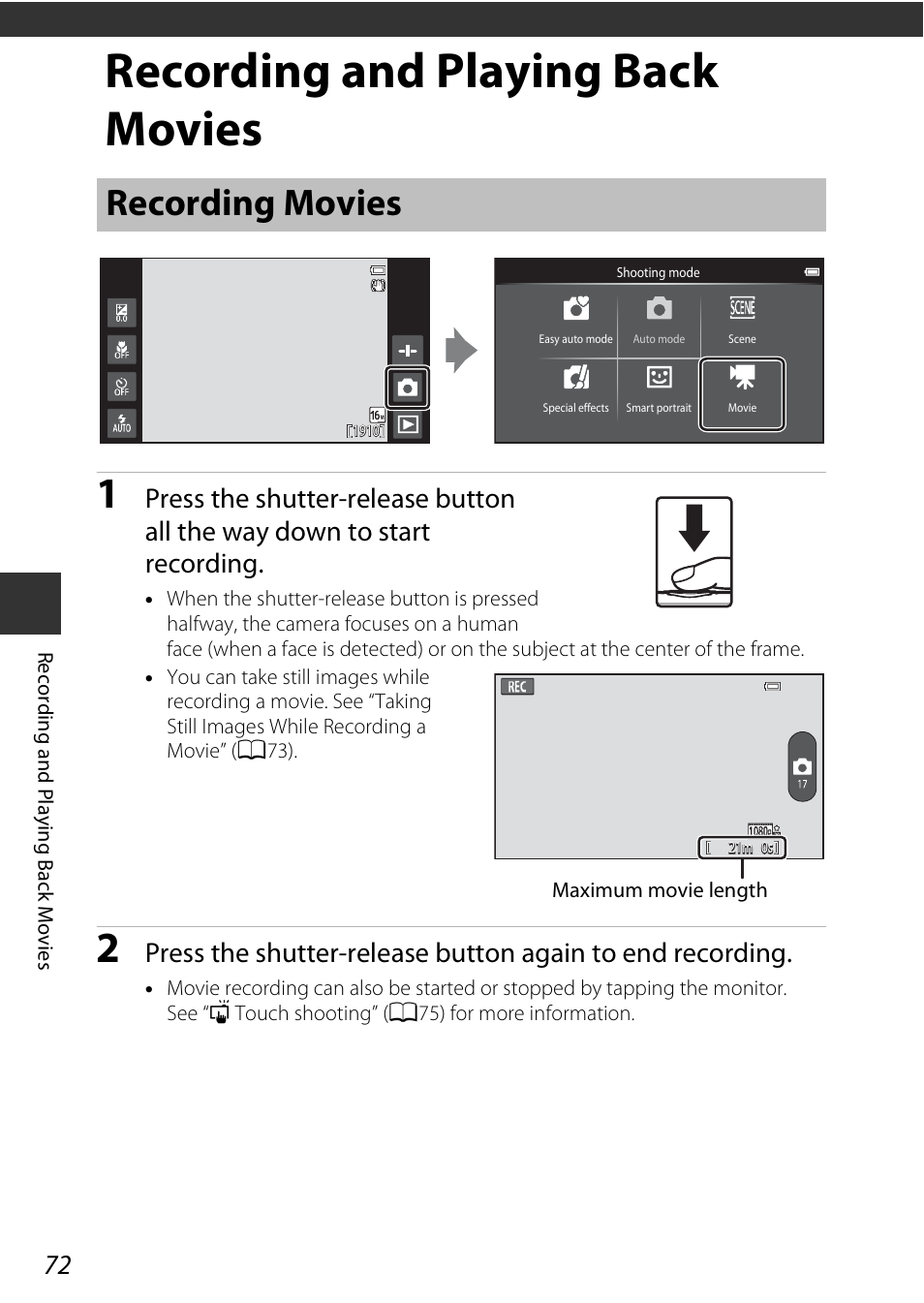 Recording and playing back movies, Recording movies | Nikon S810c User Manual | Page 98 / 228