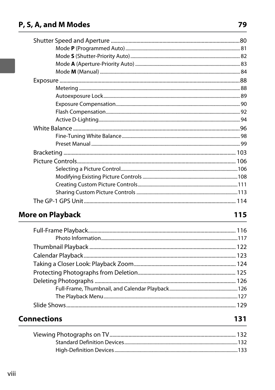 P, s, a, and m modes 79, More on playback 115, Connections 131 | Nikon D5000 User Manual | Page 10 / 256