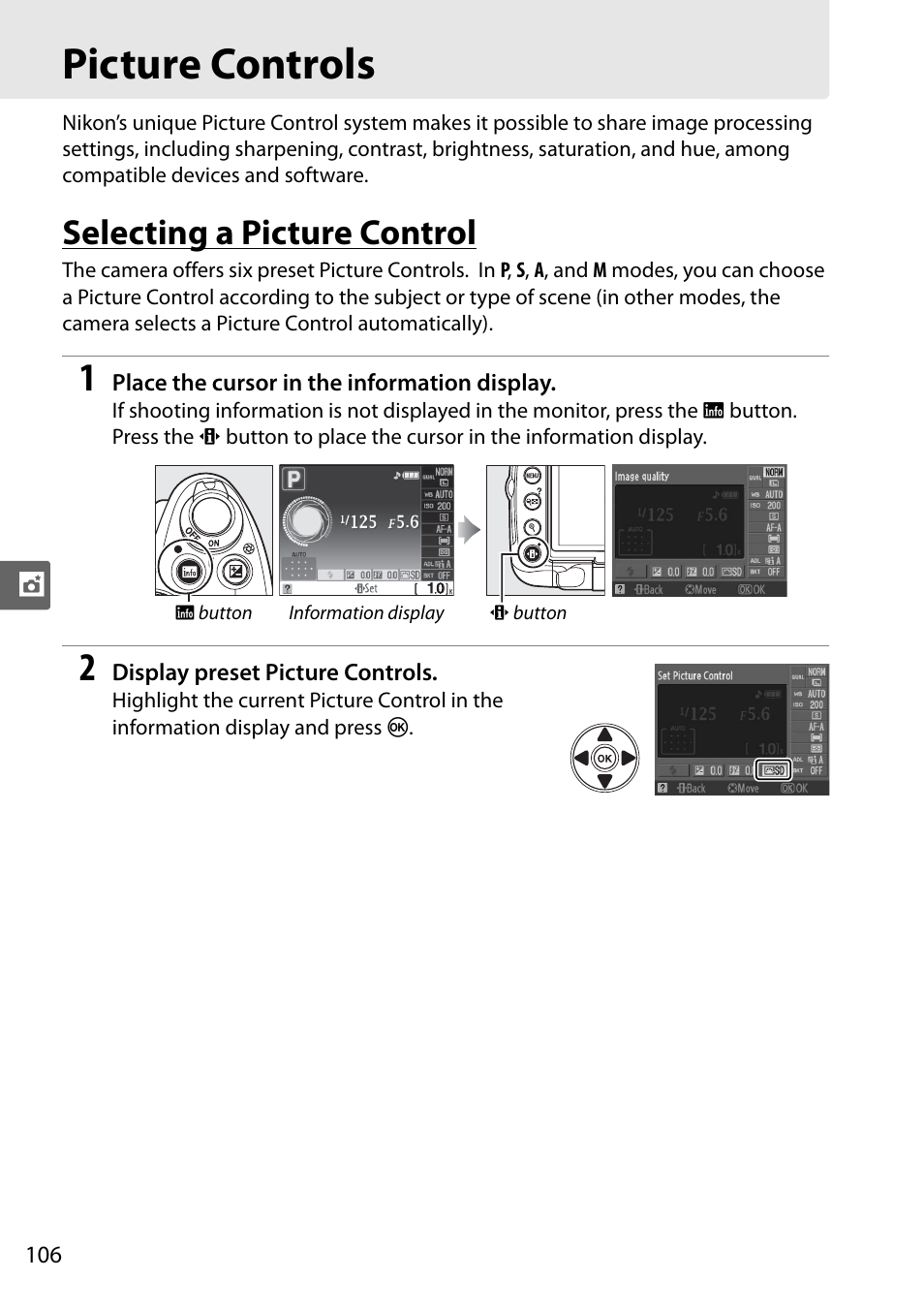 Picture controls, Selecting a picture control | Nikon D5000 User Manual | Page 124 / 256
