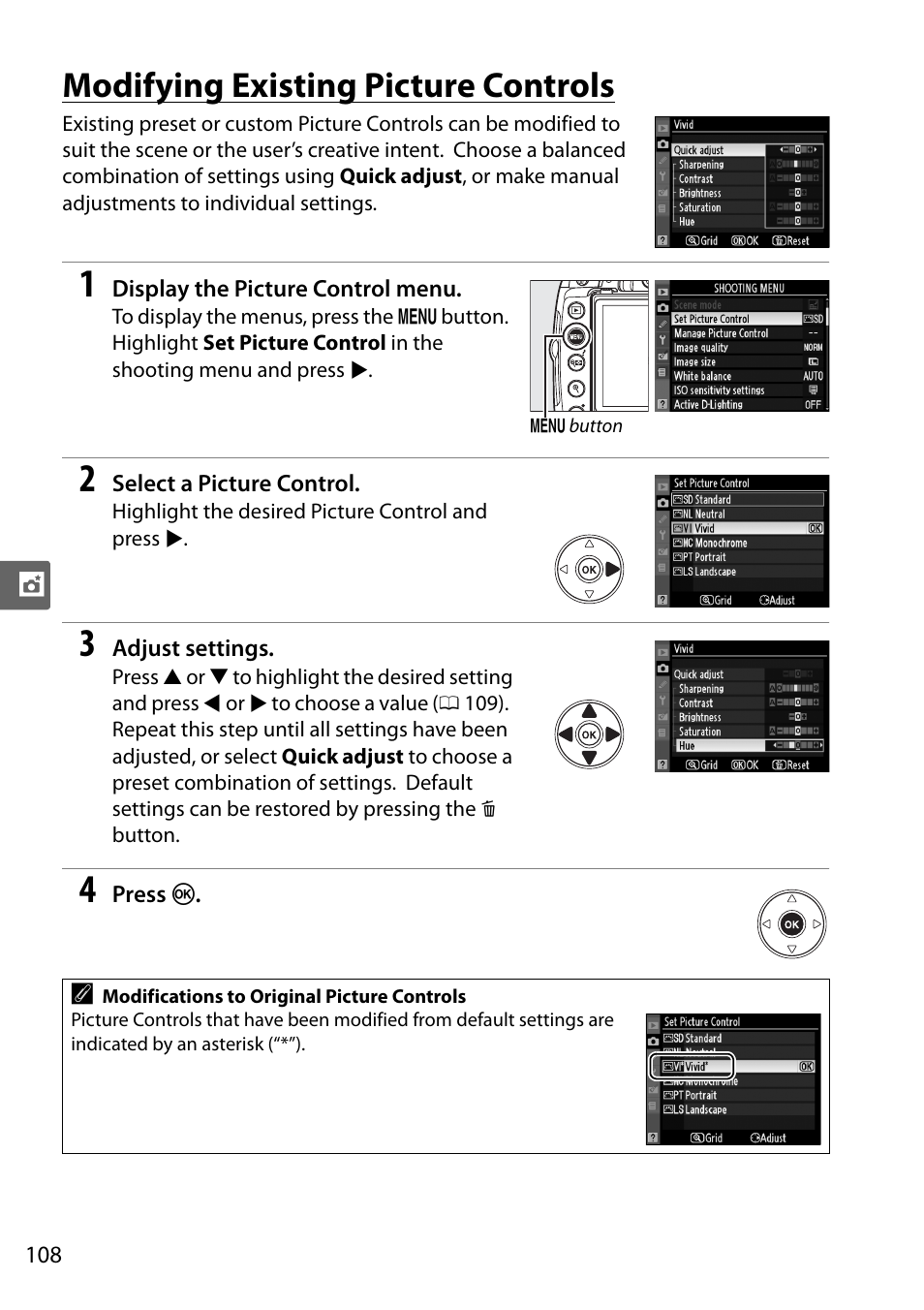 Modifying existing picture controls | Nikon D5000 User Manual | Page 126 / 256