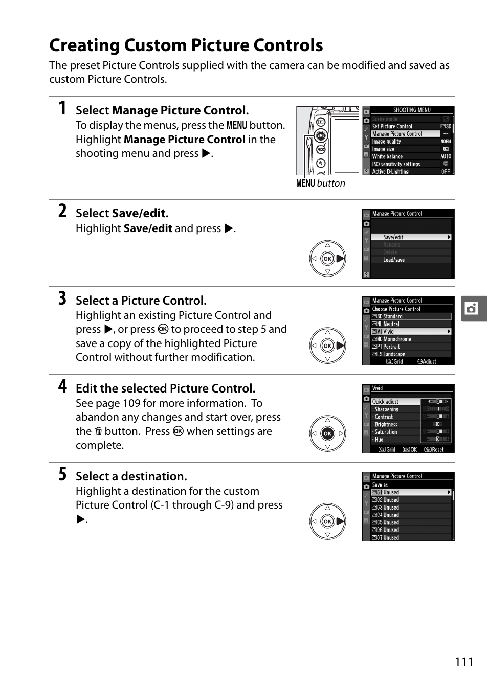 Creating custom picture controls | Nikon D5000 User Manual | Page 129 / 256