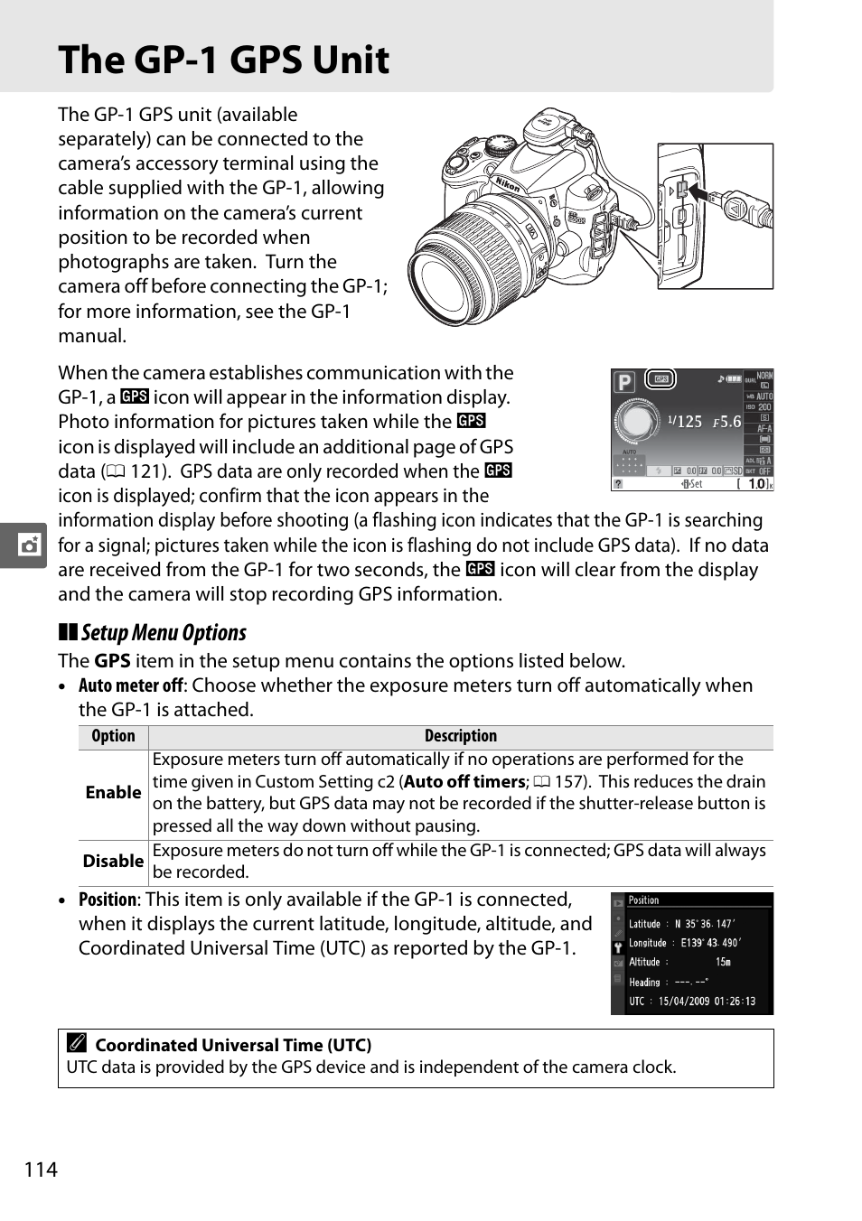 The gp-1 gps unit, Setup menu options | Nikon D5000 User Manual | Page 132 / 256