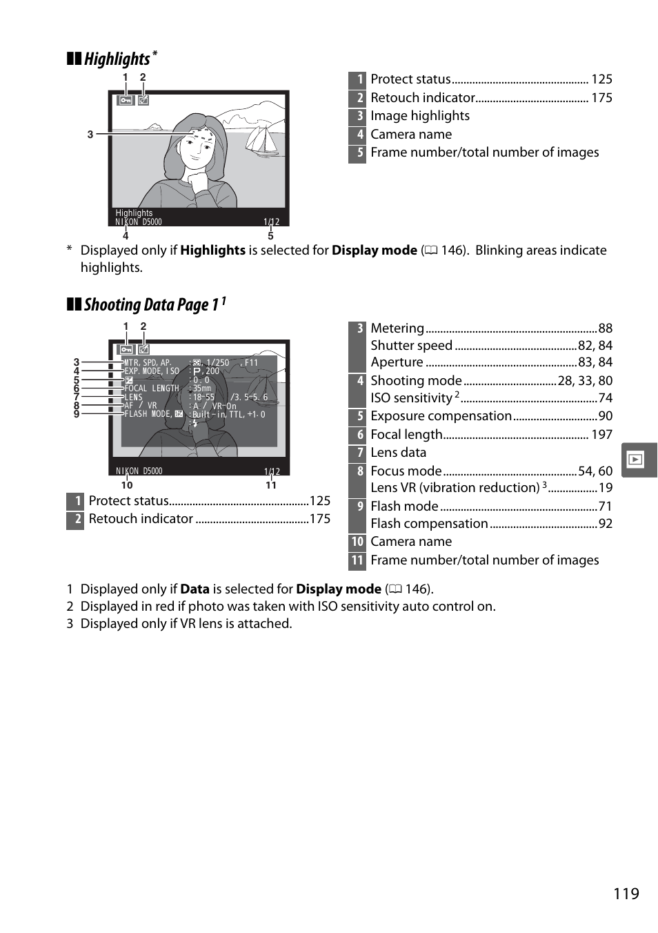 Highlights, Shooting data page 1 | Nikon D5000 User Manual | Page 137 / 256