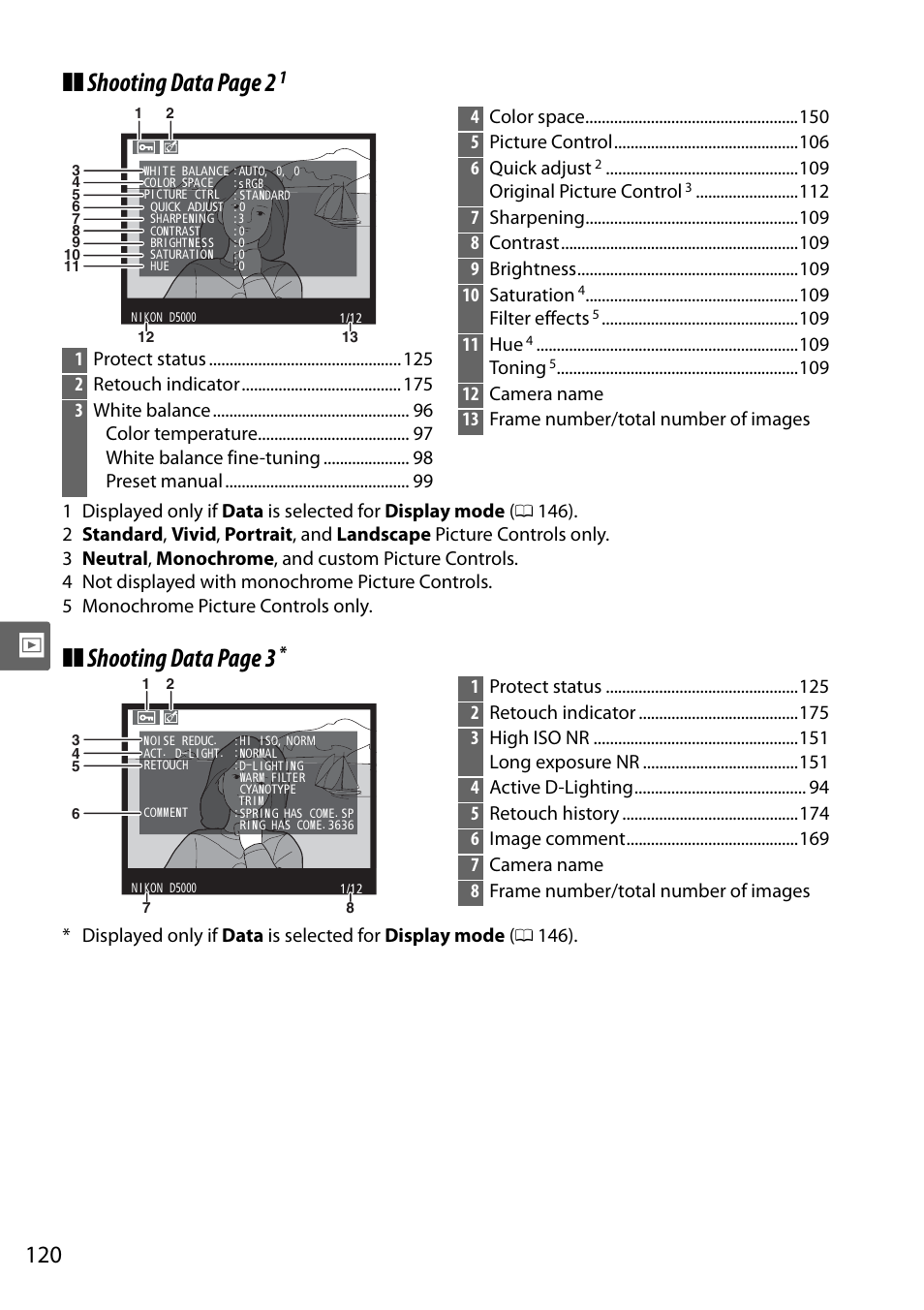 Shooting data page 2, Shooting data page 3 | Nikon D5000 User Manual | Page 138 / 256