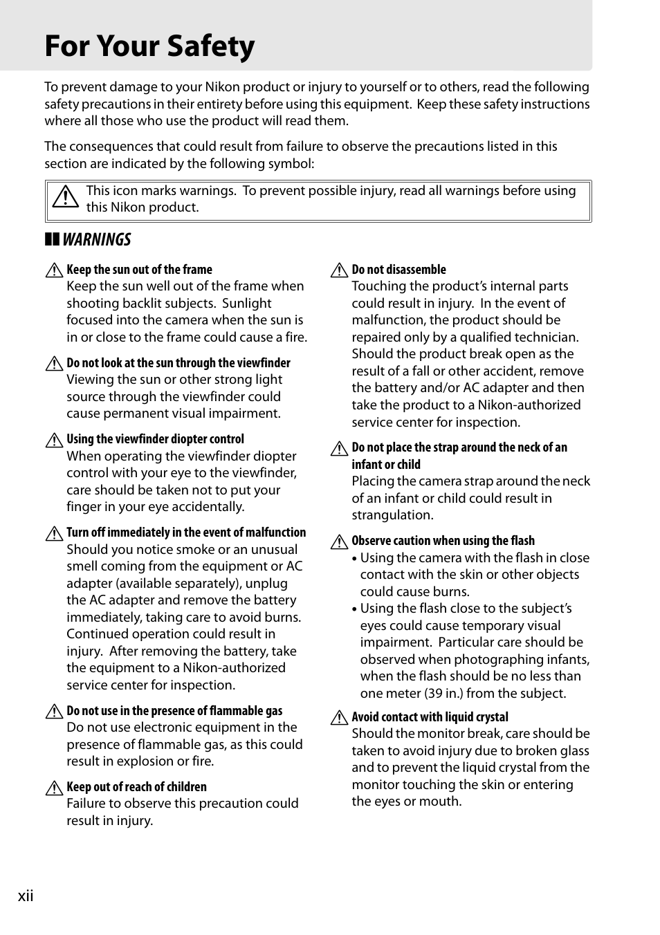 For your safety, Warnings a | Nikon D5000 User Manual | Page 14 / 256