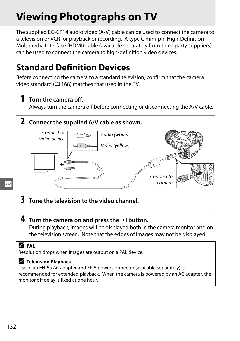 Viewing photographs on tv, Standard definition devices | Nikon D5000 User Manual | Page 150 / 256