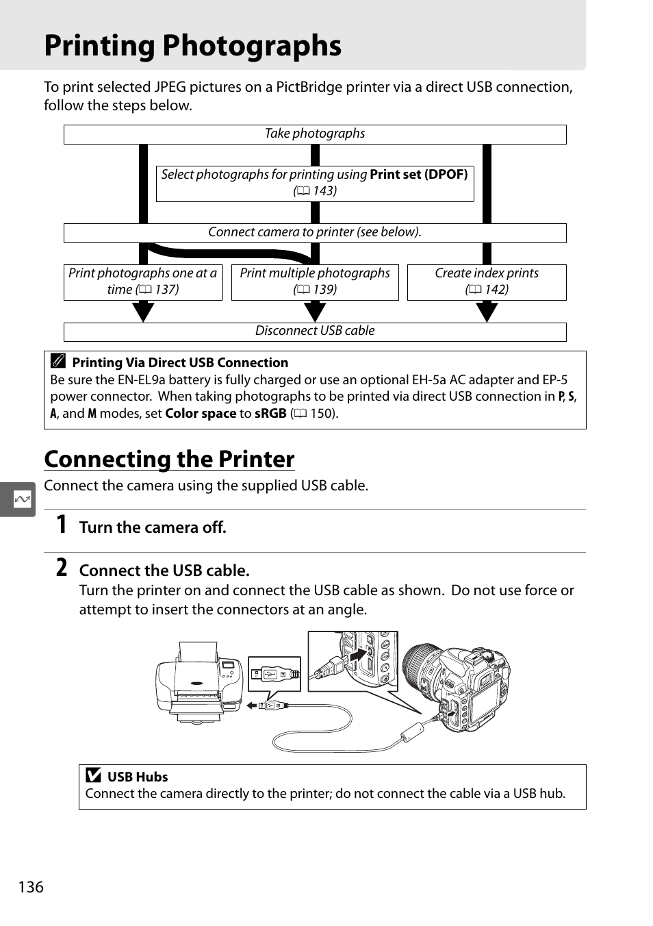 Printing photographs, Connecting the printer | Nikon D5000 User Manual | Page 154 / 256