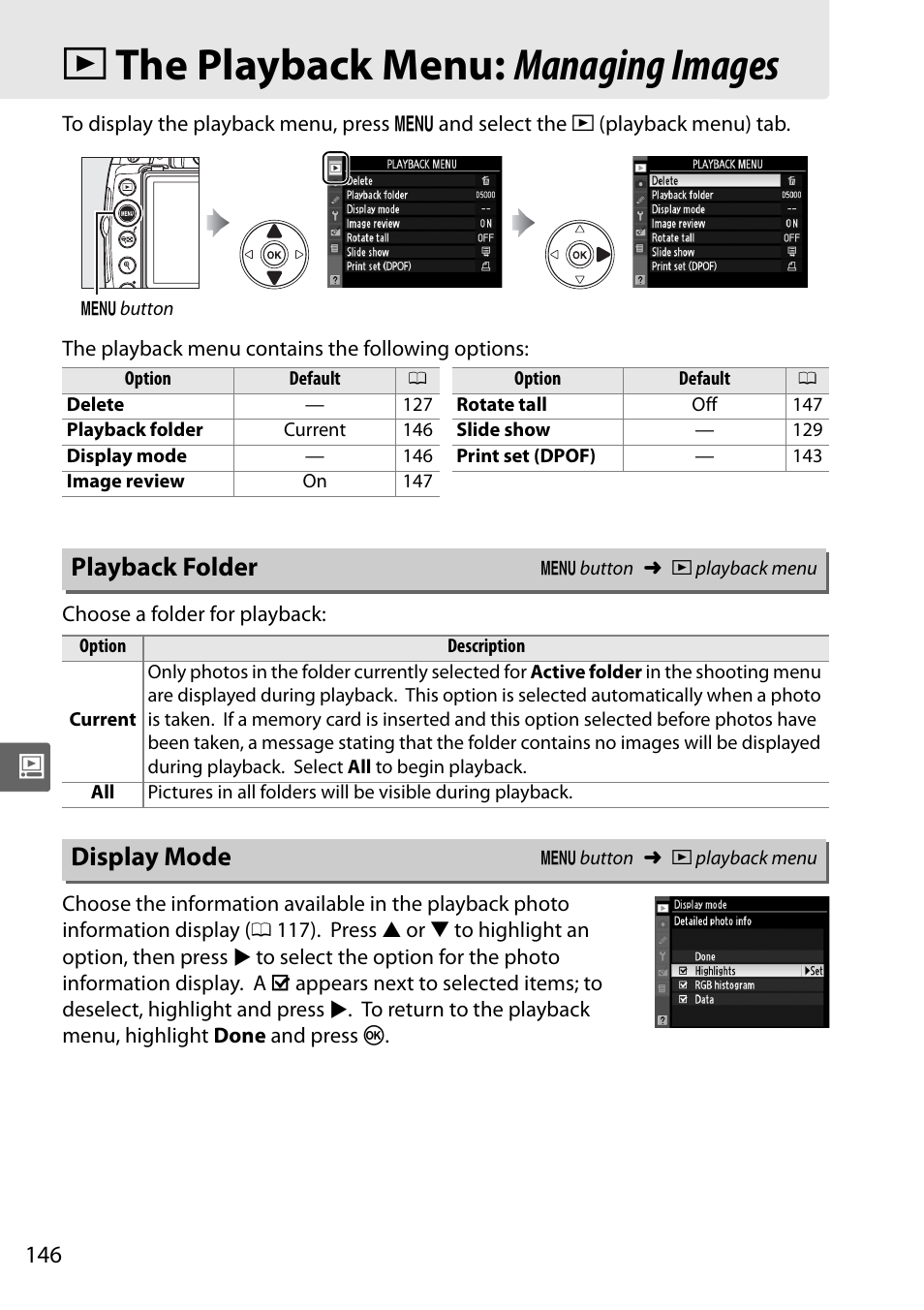 The playback menu: managing images, Playback folder, Display mode | D the playback menu: managing images | Nikon D5000 User Manual | Page 164 / 256