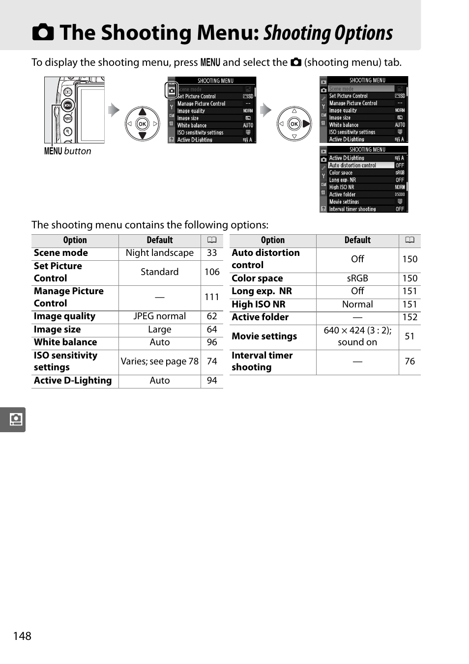 The shooting menu: shooting options, C the shooting menu: shooting options | Nikon D5000 User Manual | Page 166 / 256