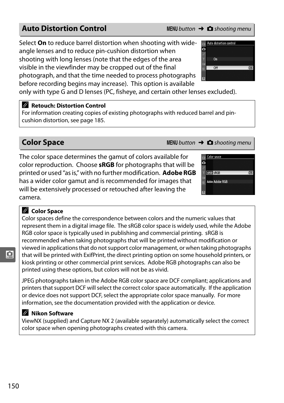 Auto distortion control, Color space | Nikon D5000 User Manual | Page 168 / 256