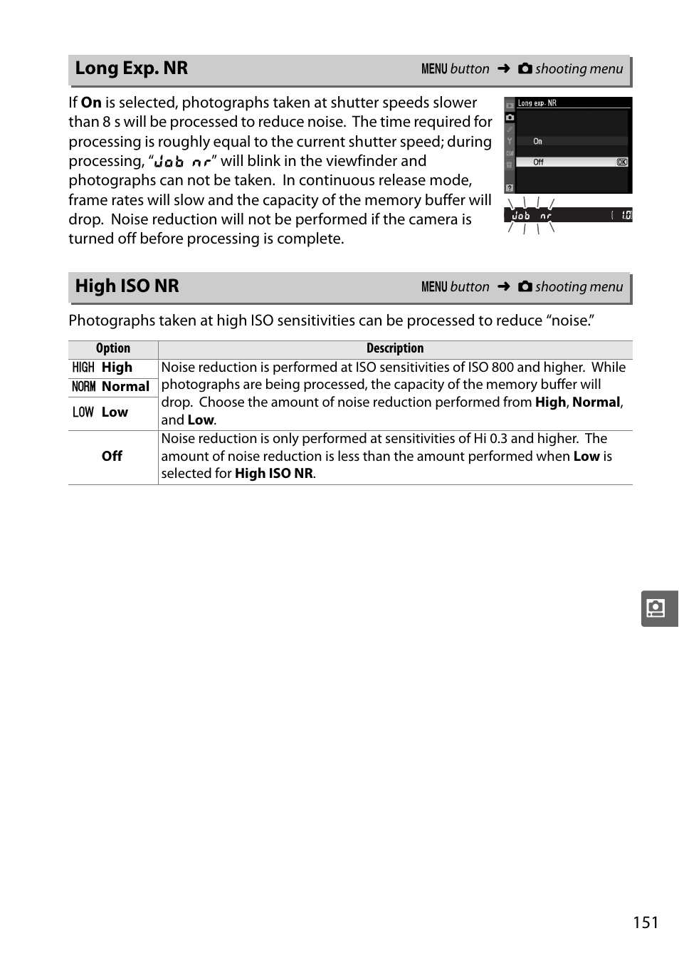 Long exp. nr, High iso nr | Nikon D5000 User Manual | Page 169 / 256