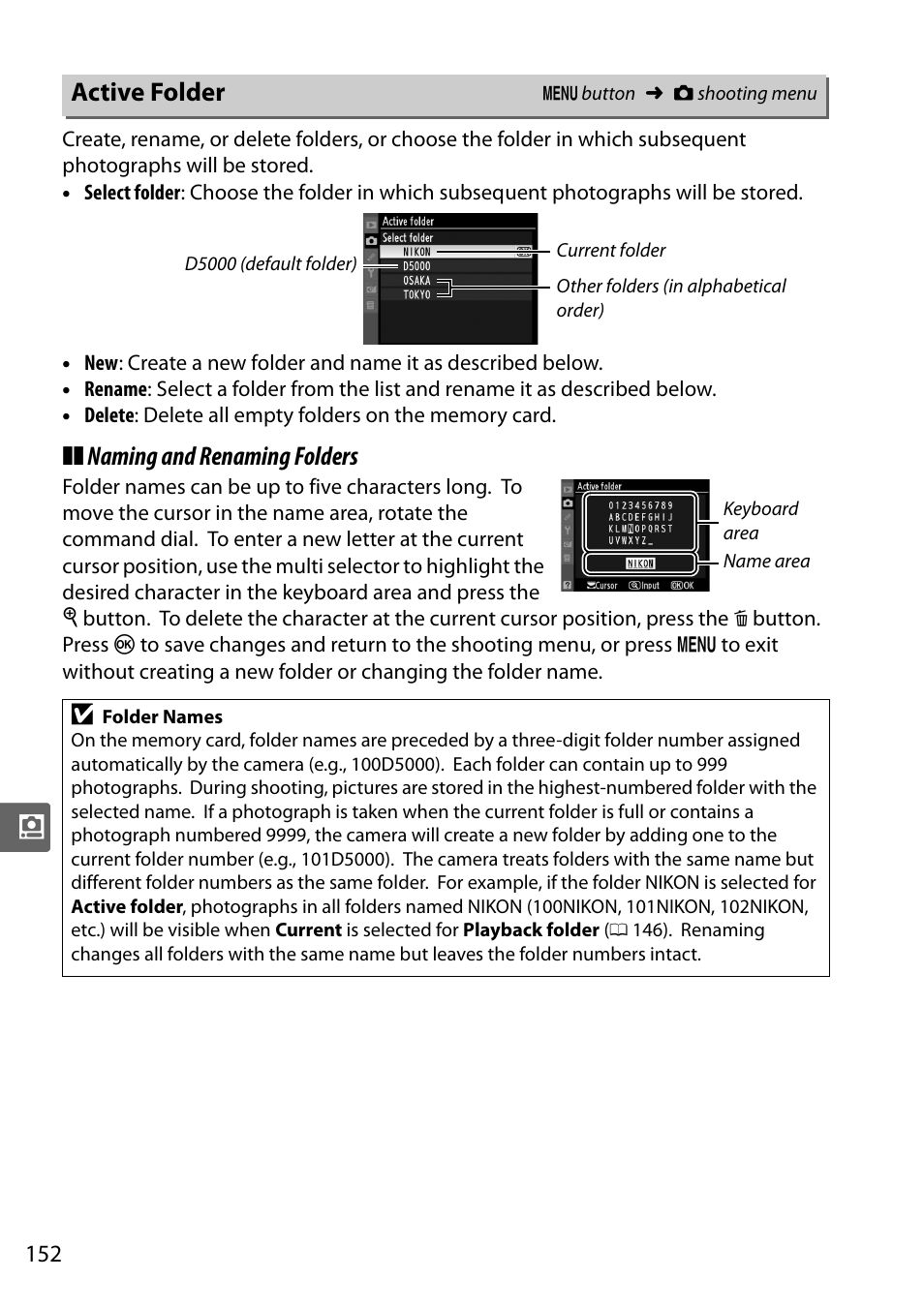 Active folder, Naming and renaming folders | Nikon D5000 User Manual | Page 170 / 256