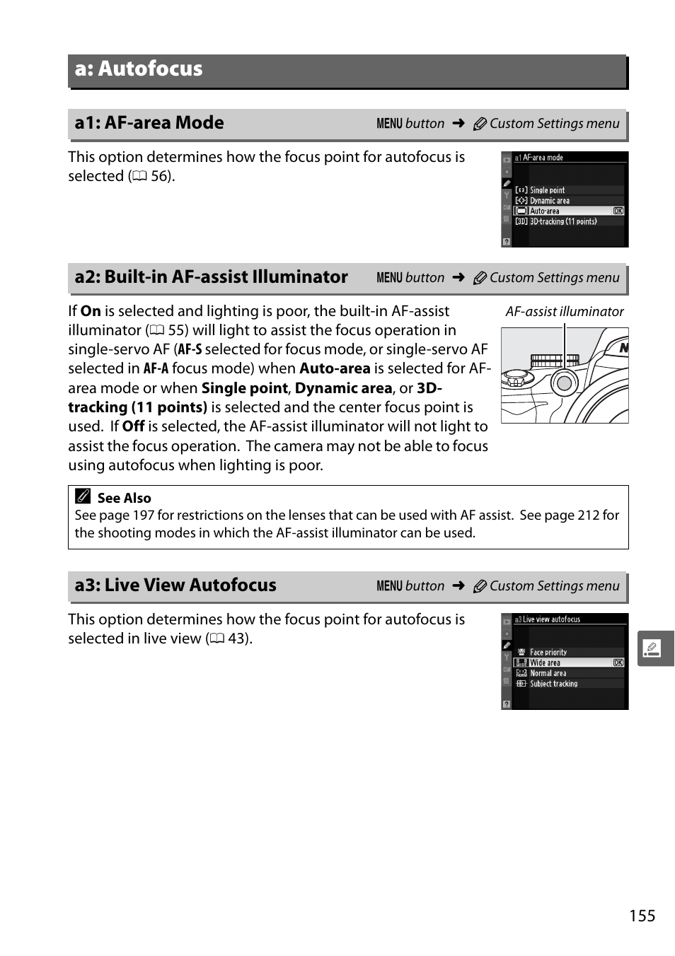 A: autofocus, A1: af-area mode, A2: built-in af-assist illuminator | A3: live view autofocus | Nikon D5000 User Manual | Page 173 / 256