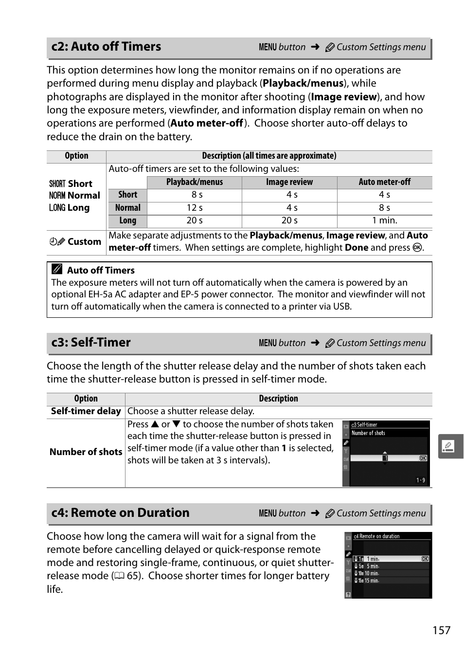C2: auto off timers, C3: self-timer, C4: remote on duration | Nikon D5000 User Manual | Page 175 / 256