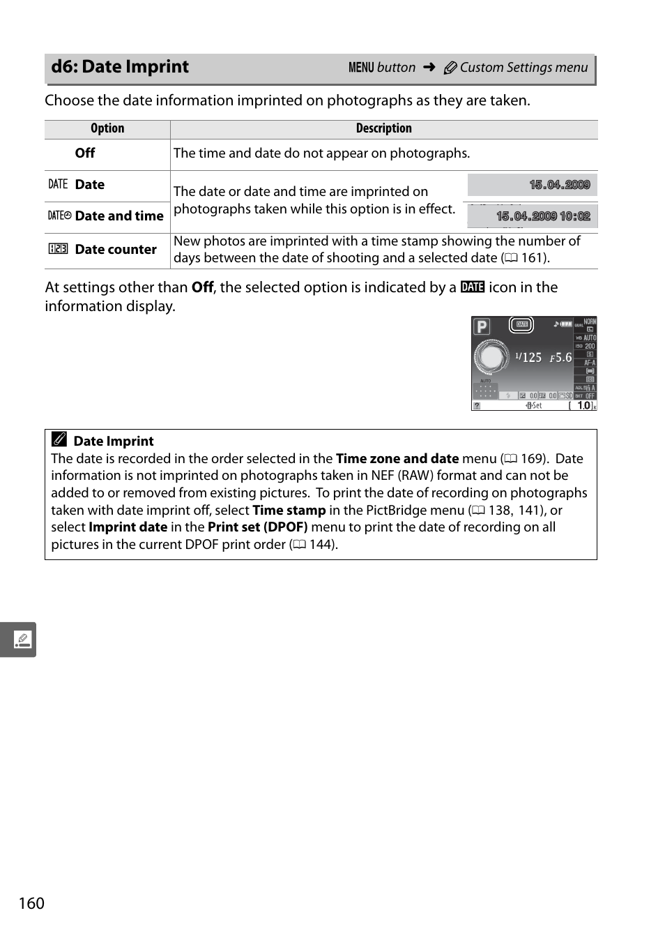 D6: date imprint | Nikon D5000 User Manual | Page 178 / 256