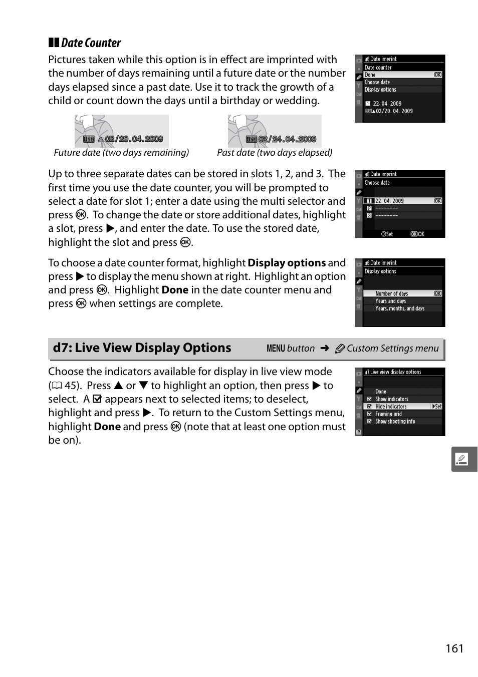 D7: live view display options, Date counter | Nikon D5000 User Manual | Page 179 / 256