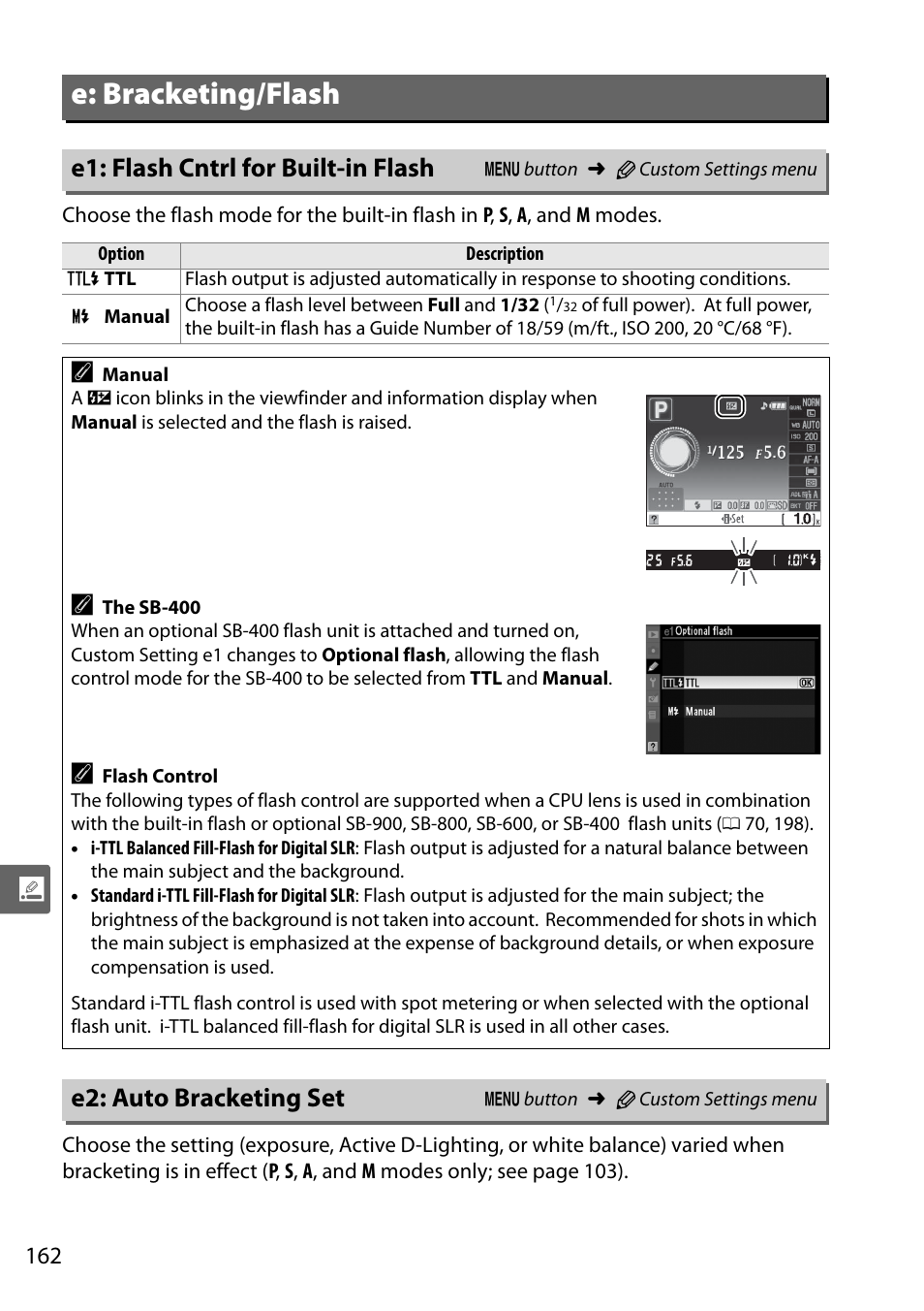 E: bracketing/flash, E1: flash cntrl for built-in flash, E2: auto bracketing set | Nikon D5000 User Manual | Page 180 / 256