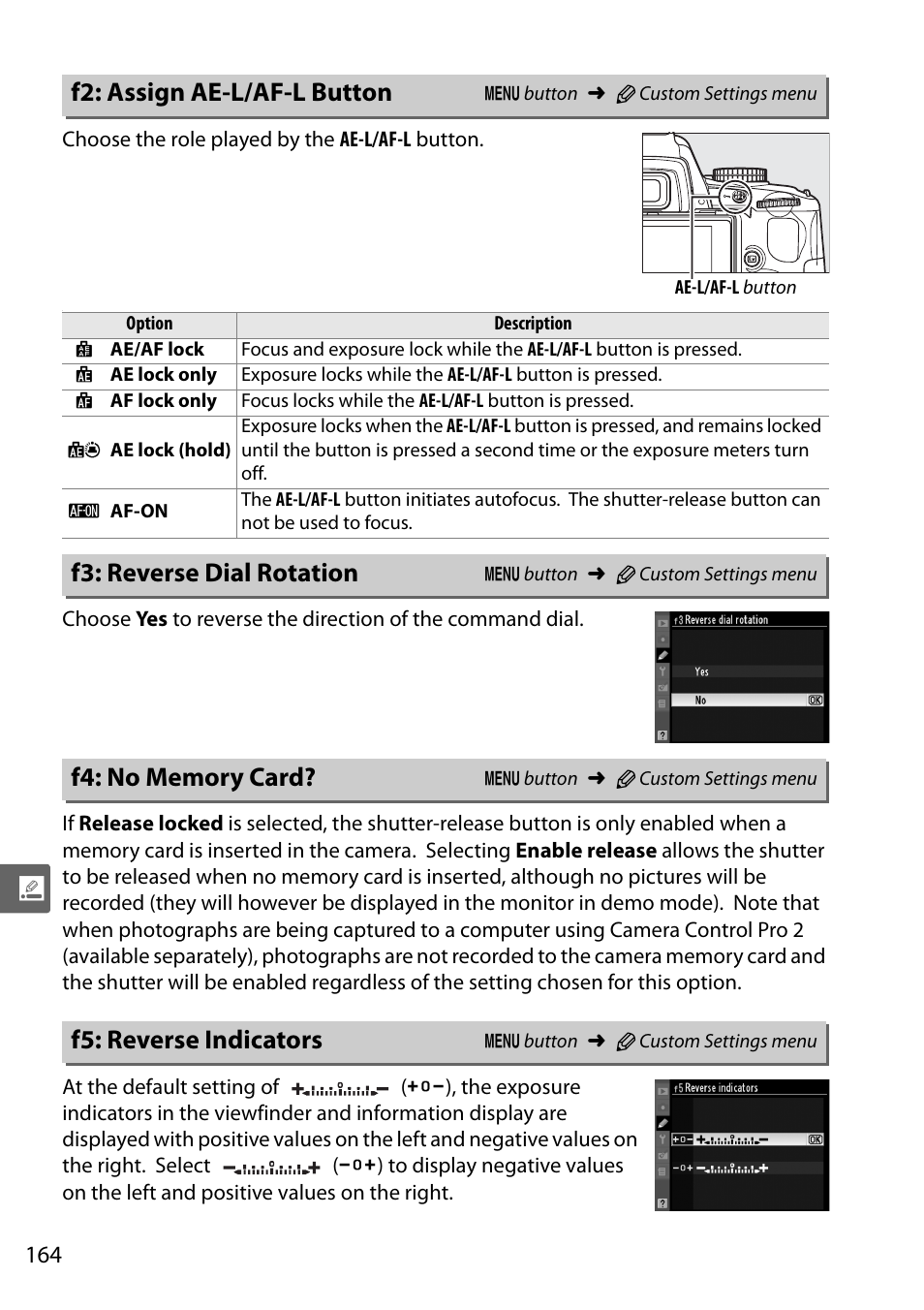 F2: assign ae-l/af-l button, F3: reverse dial rotation, F4: no memory card | F5: reverse indicators | Nikon D5000 User Manual | Page 182 / 256