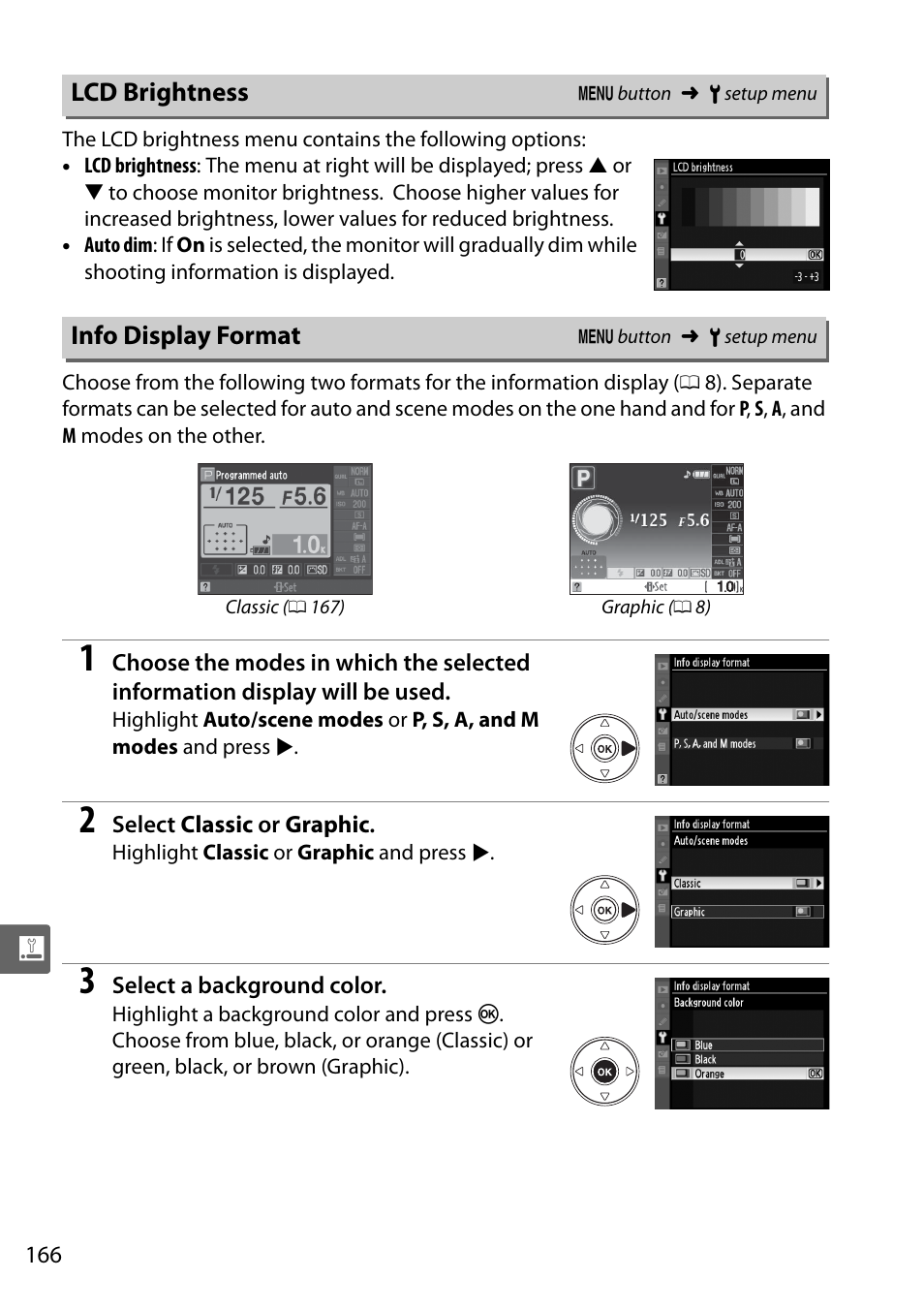Lcd brightness, Info display format | Nikon D5000 User Manual | Page 184 / 256