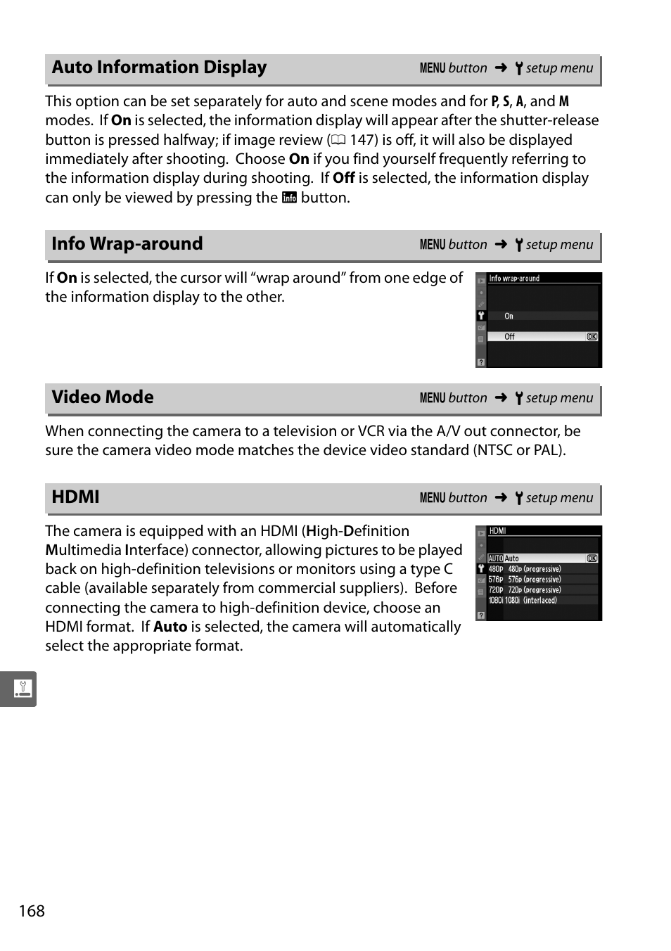 Auto information display, Info wrap-around, Video mode | Hdmi | Nikon D5000 User Manual | Page 186 / 256